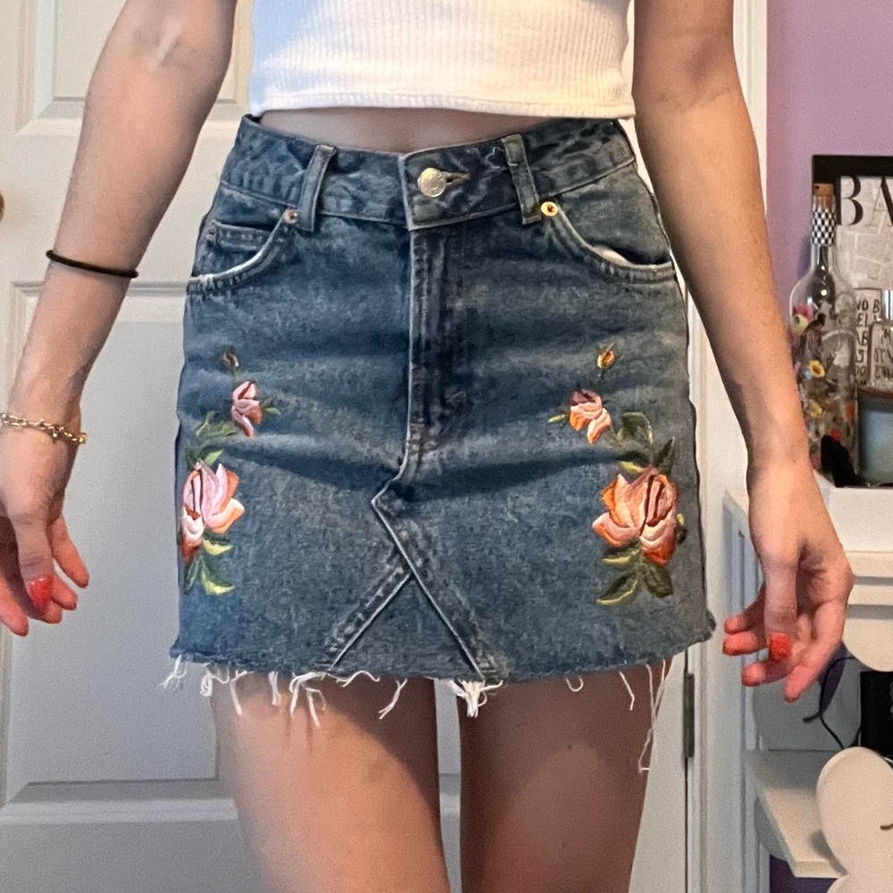 TopShop Moto Denim Mini Skirt with Cute Flowers